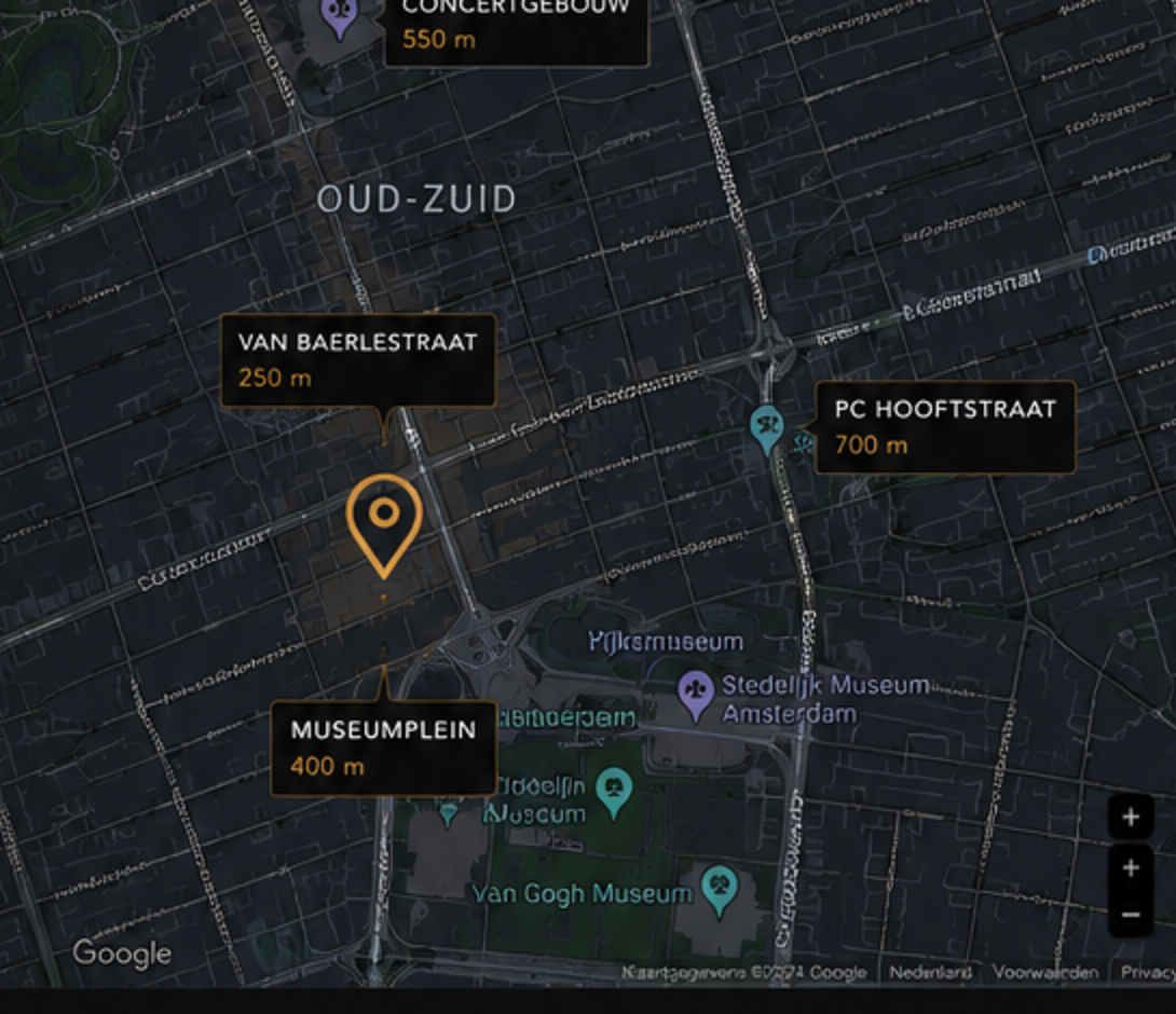 Map of the Museumkwartier in Amsterdam-Zuid with nearby landmarks.